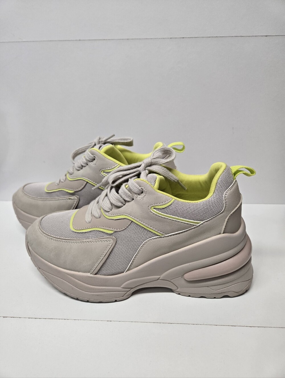 Call It Spring Beige Platform Sneakers with Neon Yellow Accents